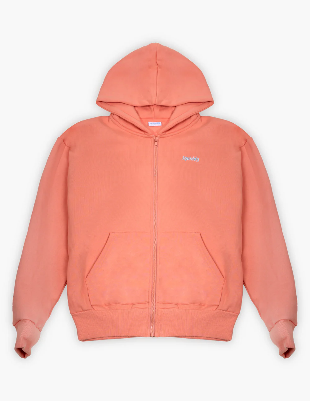 Kids hoodies shown with zip and in a peach colour